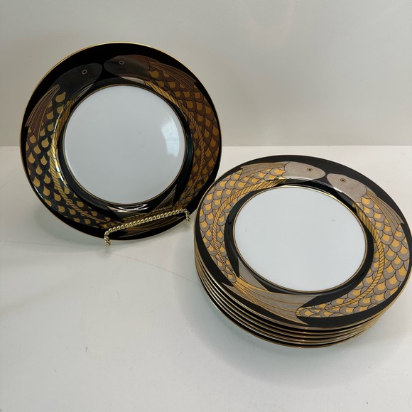 Vintage Fitz and Floyd Flying Fish Salad Plate 1(one) 7.5 inch Black with Gold - Picture 1 of 3
